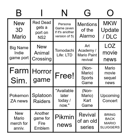 Nintendo Direct 9/12/25 Bingo Card