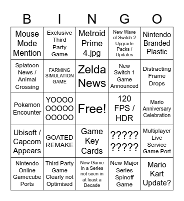 Nintendo Direct 12.9.25 Bingo Card