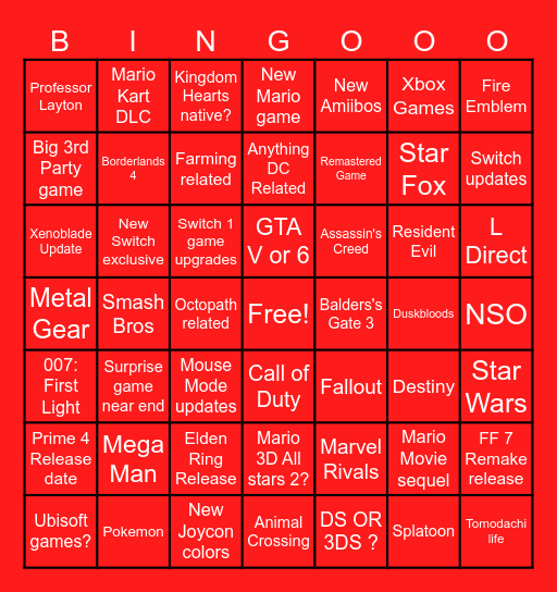 Nintendo Direct Bingo Card