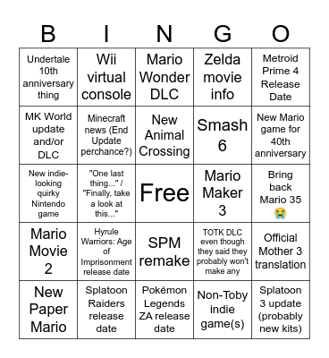 September 2025 Nintendo Direct Bingo Card