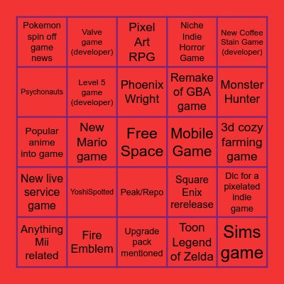 Nintendo Direct Perdictions Bingo Card