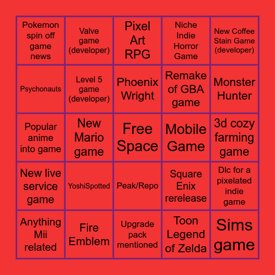 Nintendo Direct Perdictions Bingo Card