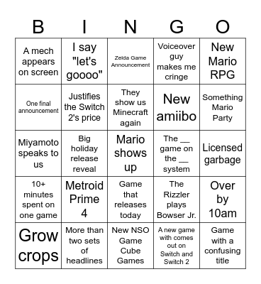 Nintendo Direct Bingo Card