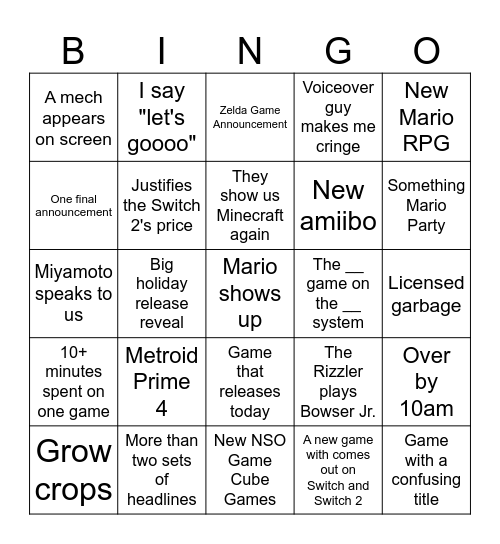 Nintendo Direct Bingo Card