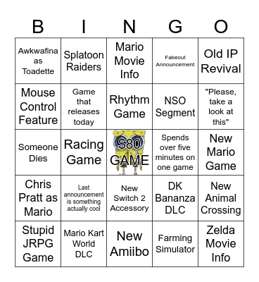 Nintendo Direct Bingo Card