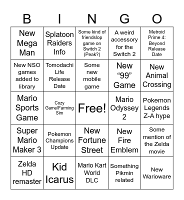 Nintendo Direct 9.12.25 Bingo Card