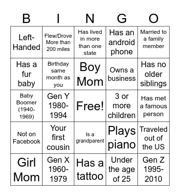 Funchess Family Reunion Bingo Card