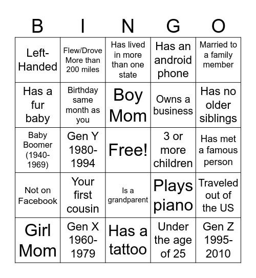 Funchess Family Reunion Bingo Card
