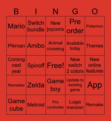 Nintendo direct Bingo Card