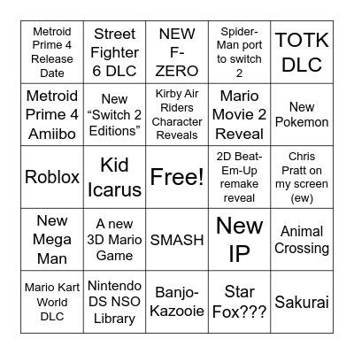 Nintendo Direct September 12th Bingo Card