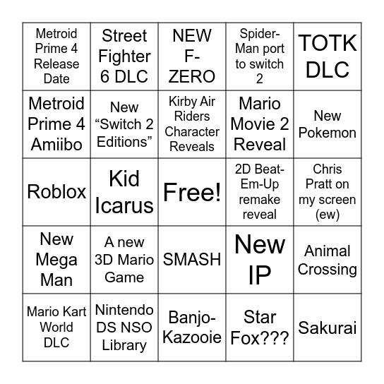 Nintendo Direct September 12th Bingo Card