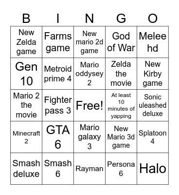 Nintendo direct 9/12/25 Bingo Card