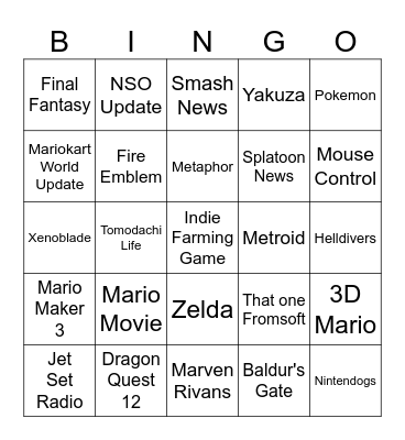 9/12/25 Nintendo Direct Bingo Card