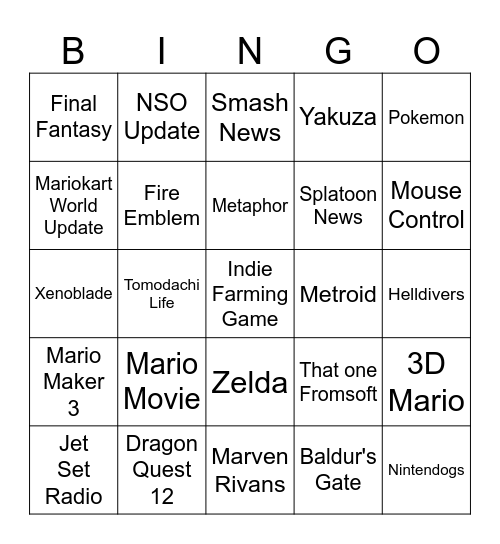 9/12/25 Nintendo Direct Bingo Card
