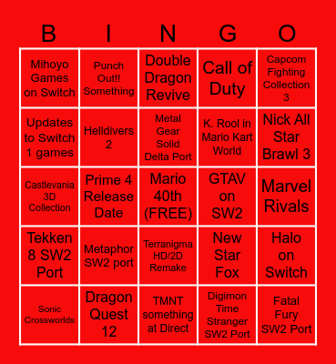 Nintendo Direct Bingo Card