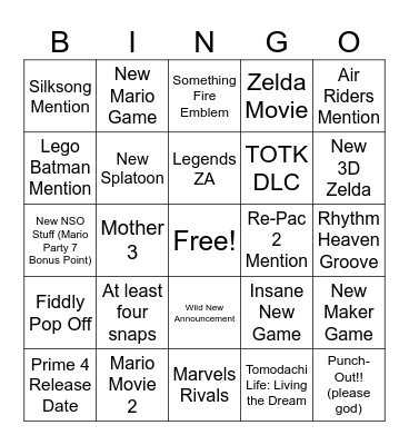 Nintendo Direct 9/12/25 Bingo Card