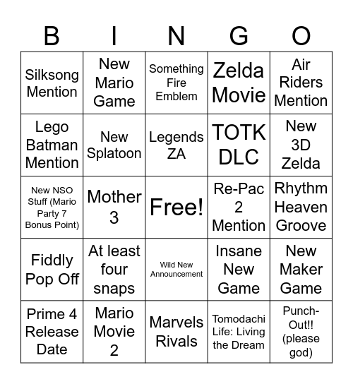 Nintendo Direct 9/12/25 Bingo Card