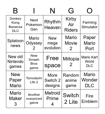 Nintendo Delusion Bingo Card