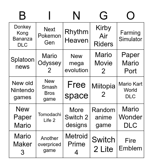 Nintendo Delusion Bingo Card