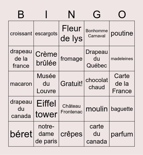 Mots Français Bingo Card