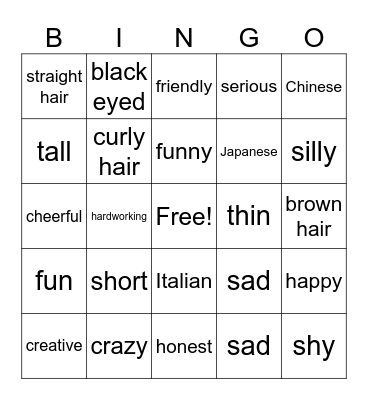 Describing Words Bingo Card