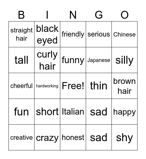 Describing Words Bingo Card