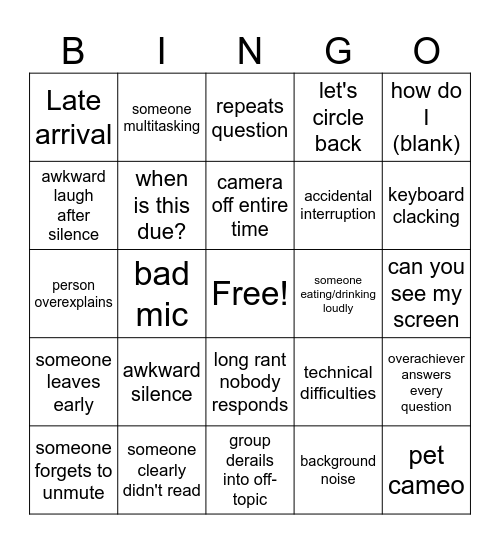 I'm bored card Bingo Card