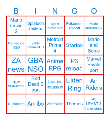 Nintendo Direct Predictions Bingo Card