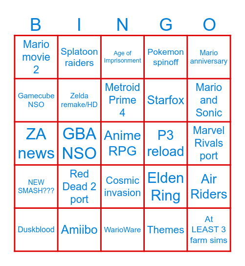 Nintendo Direct Predictions Bingo Card