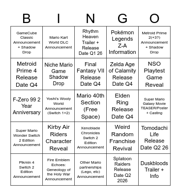 Switch 2 Bingo Card