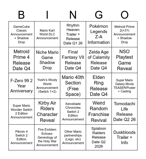 Switch 2 Bingo Card