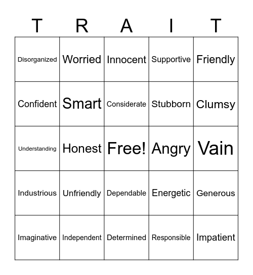 Character Traits Bingo Card