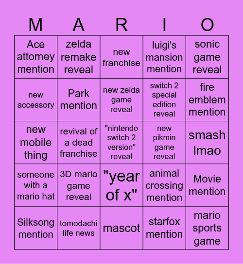 Nintendo direct 12-09-25 Bingo Card