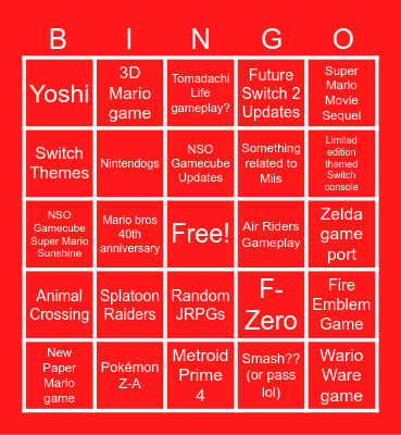 Nintendo Direct 9/12 Predictions Bingo Card