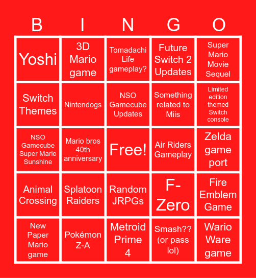 Nintendo Direct 9/12 Predictions Bingo Card