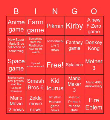 Nintendo Direct Bingo Card