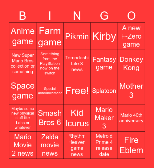 Nintendo Direct Bingo Card