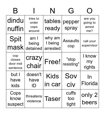Cop Arrest Bingo Card