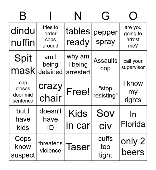Cop Arrest Bingo Card