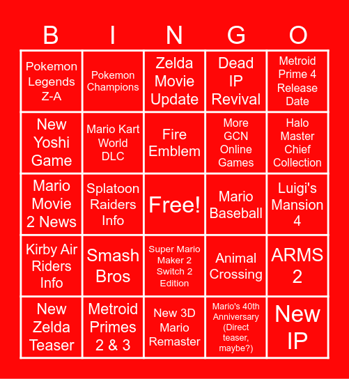 Nintendo Direct September 2025 Bingo Card
