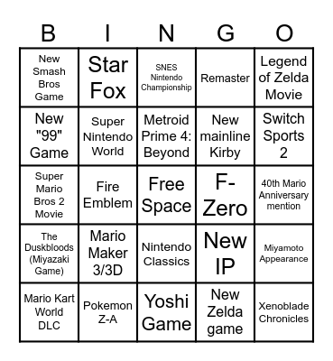 NINTENDO DIRECT 9/12/25 Bingo Card