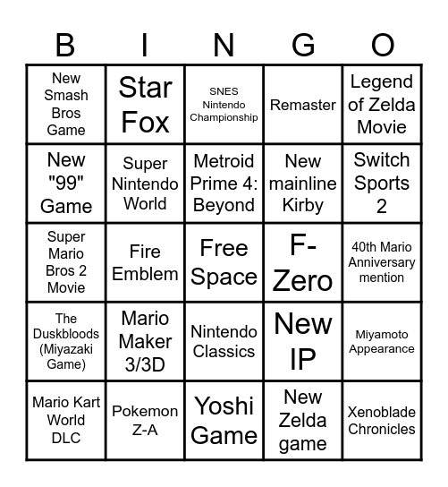 NINTENDO DIRECT 9/12/25 Bingo Card
