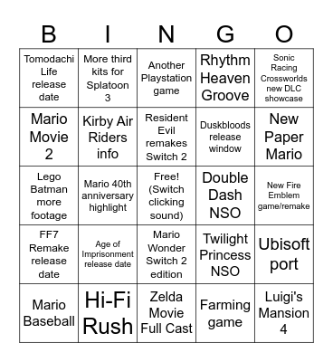 Nintendo Direct September 2025 Bingo Card