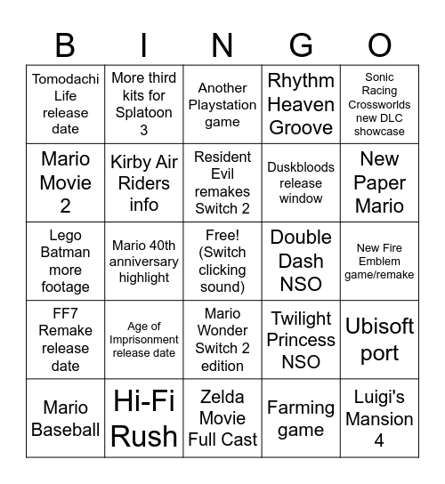 Nintendo Direct September 2025 Bingo Card