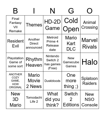 Nintendo Direct 9/12/25 Bingo Card