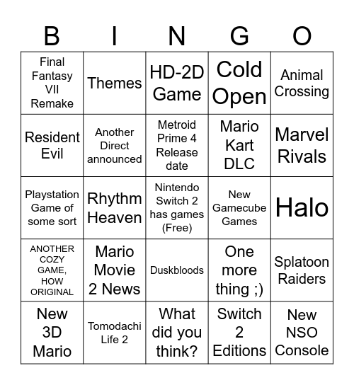 Nintendo Direct 9/12/25 Bingo Card