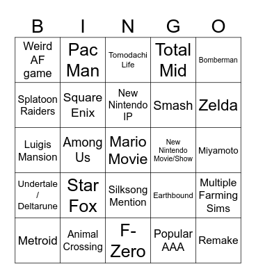Nintendo Direct 9/12/25 Bingo Card