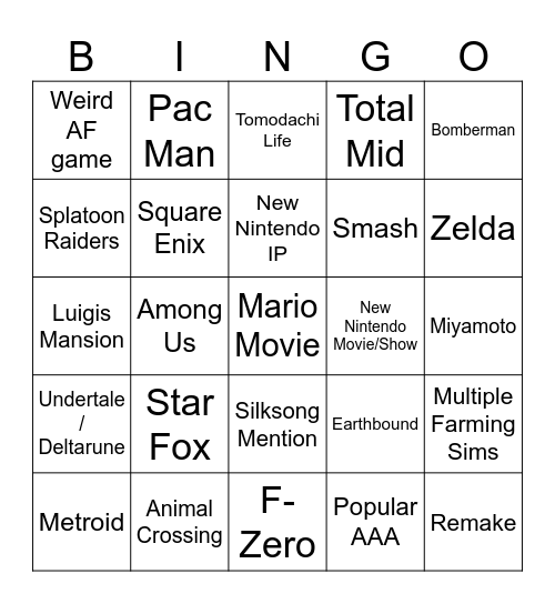 Nintendo Direct 9/12/25 Bingo Card