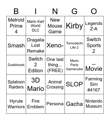 Nintendo Direct 9/12 Bingo Card