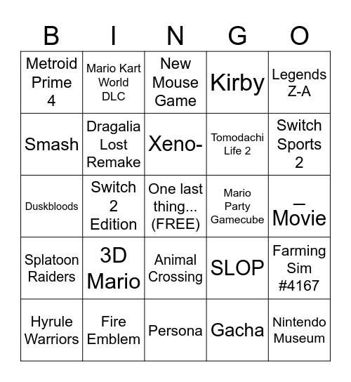 Nintendo Direct 9/12 Bingo Card